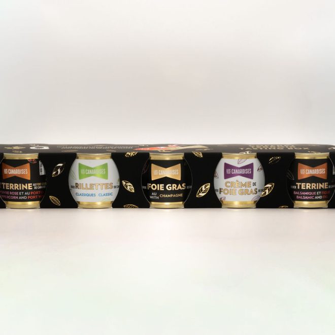 Coffret noir prestige avec cinq mini produits de canard et foie gras