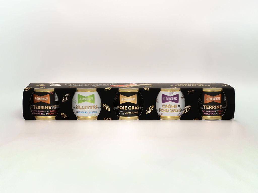 Coffret noir prestige avec cinq mini produits de canard et foie gras