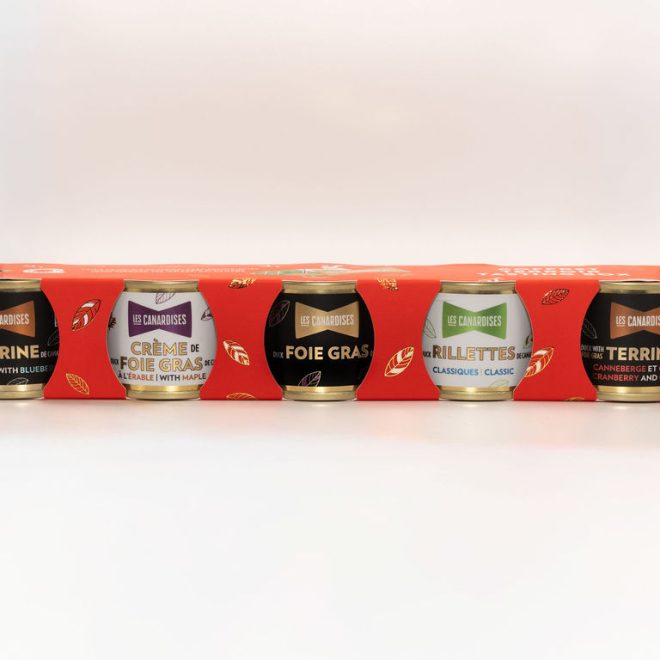 Coffret prestige Les Canardises avec cinq mini produits au canard de 60 g aux saveurs du Québec
